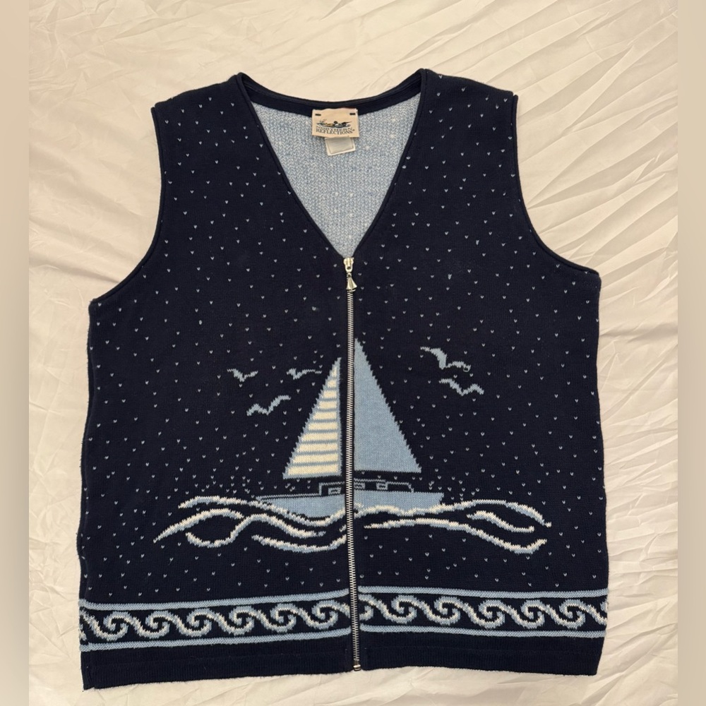 Northern Reflections Navy Zip-Up Sweater Vest Sail Boat embroidered size large